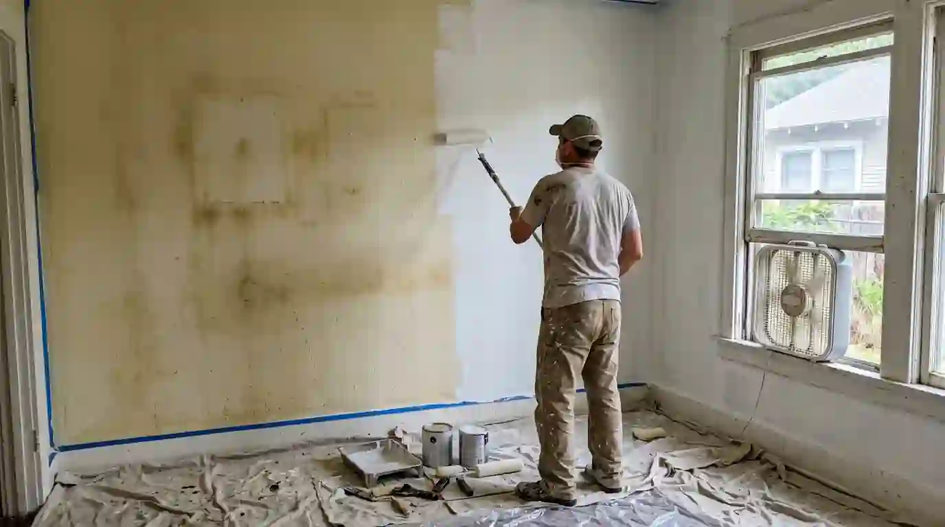 Painter sealing a nicotine-stained wall with white primer
