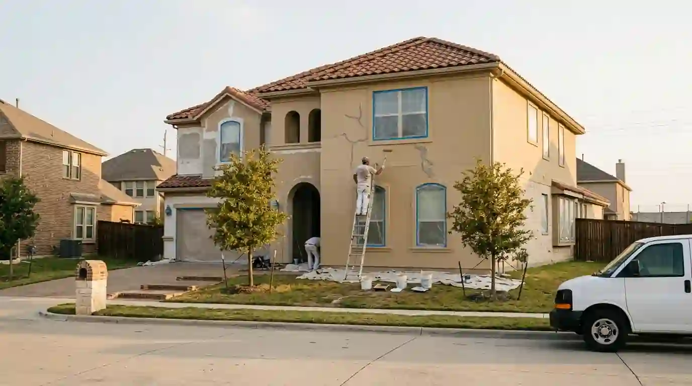 Painter rolling beige coating onto stucco home after crack repair