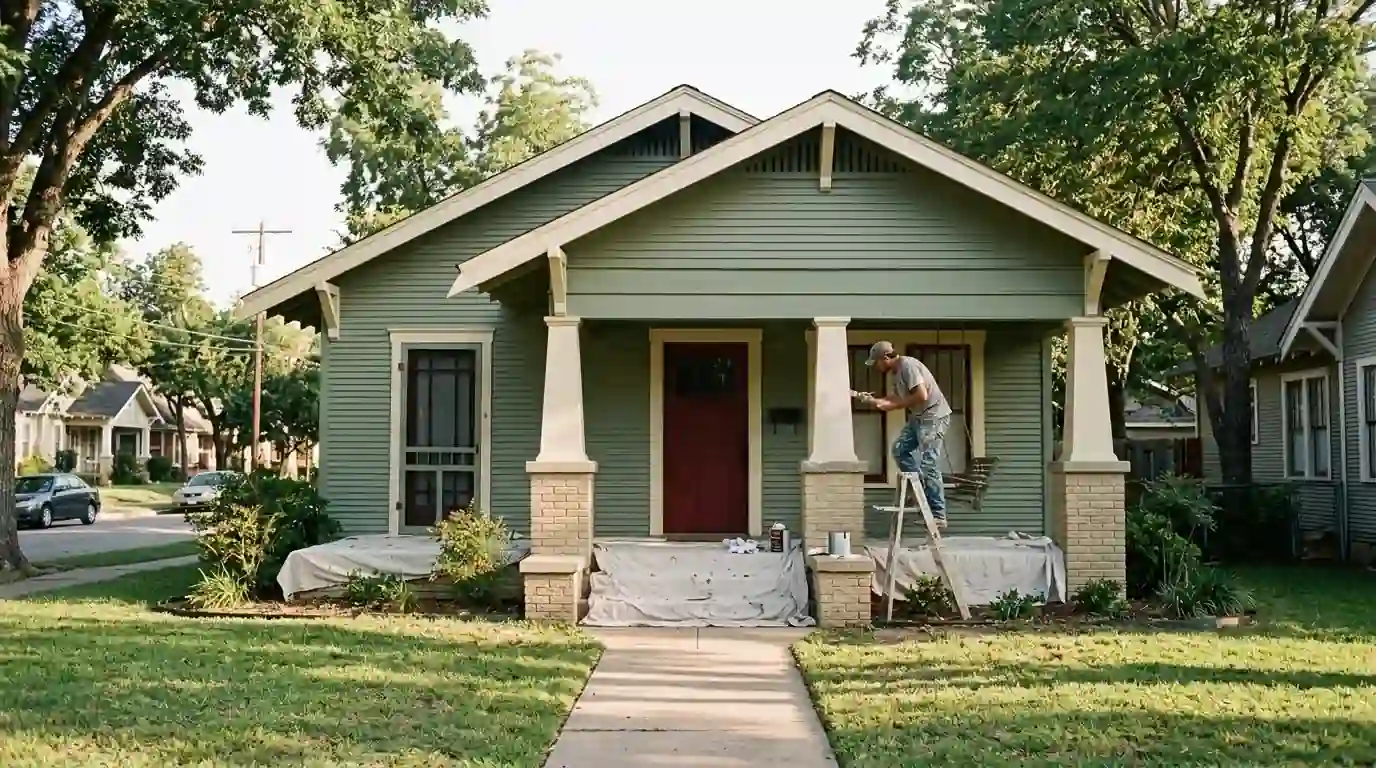 Craftsman bungalow with sage siding and cream porch trim