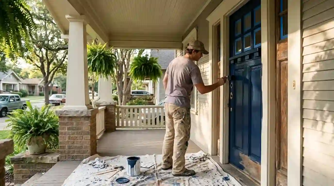 Painter brushing navy enamel on a Craftsman front door