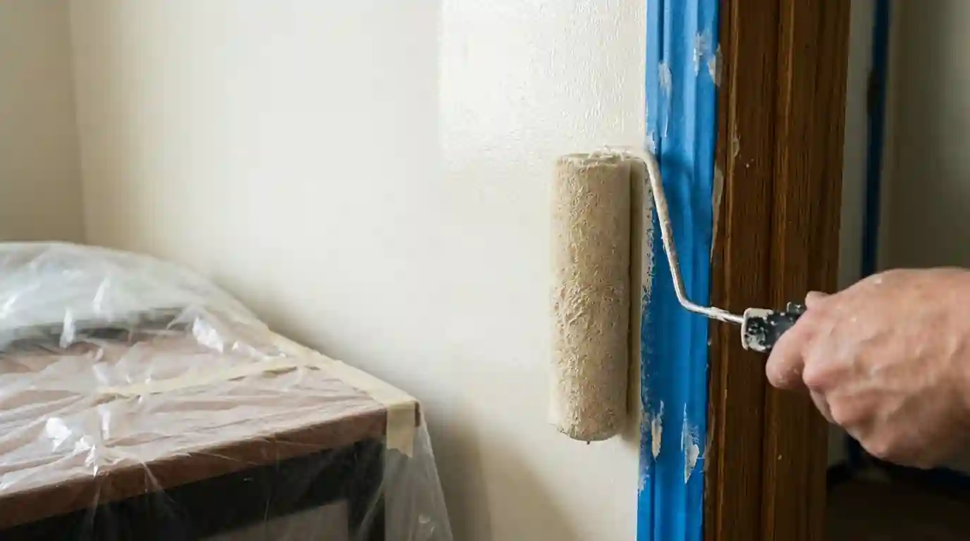 Roller applying eggshell paint next to a masked office door frame