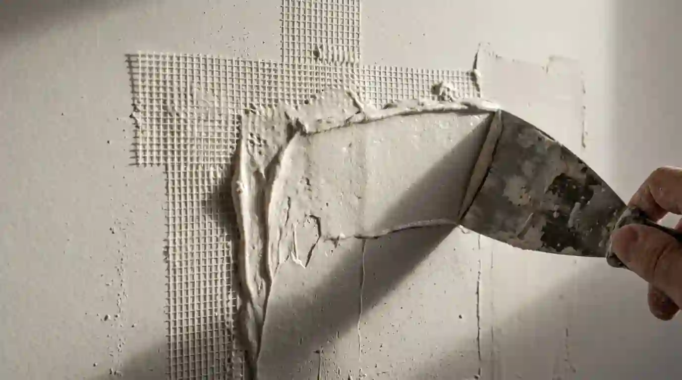 Fresh drywall patch with tape and joint compound