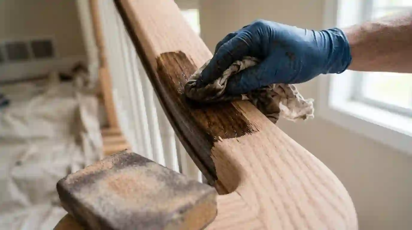 Dark stain being wiped onto a sanded oak handrail