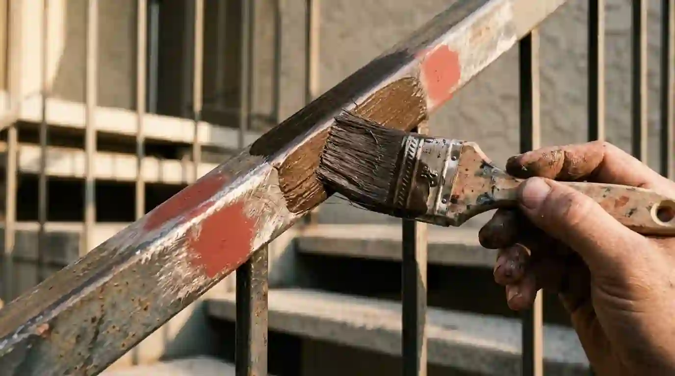 Brush coating a primed steel apartment stair railing