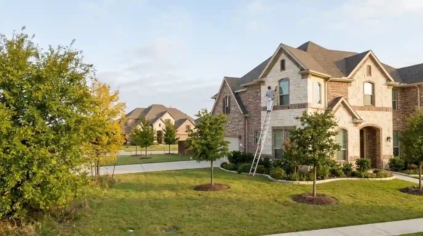 Painter cutting in trim on a Denton County stone and brick home
