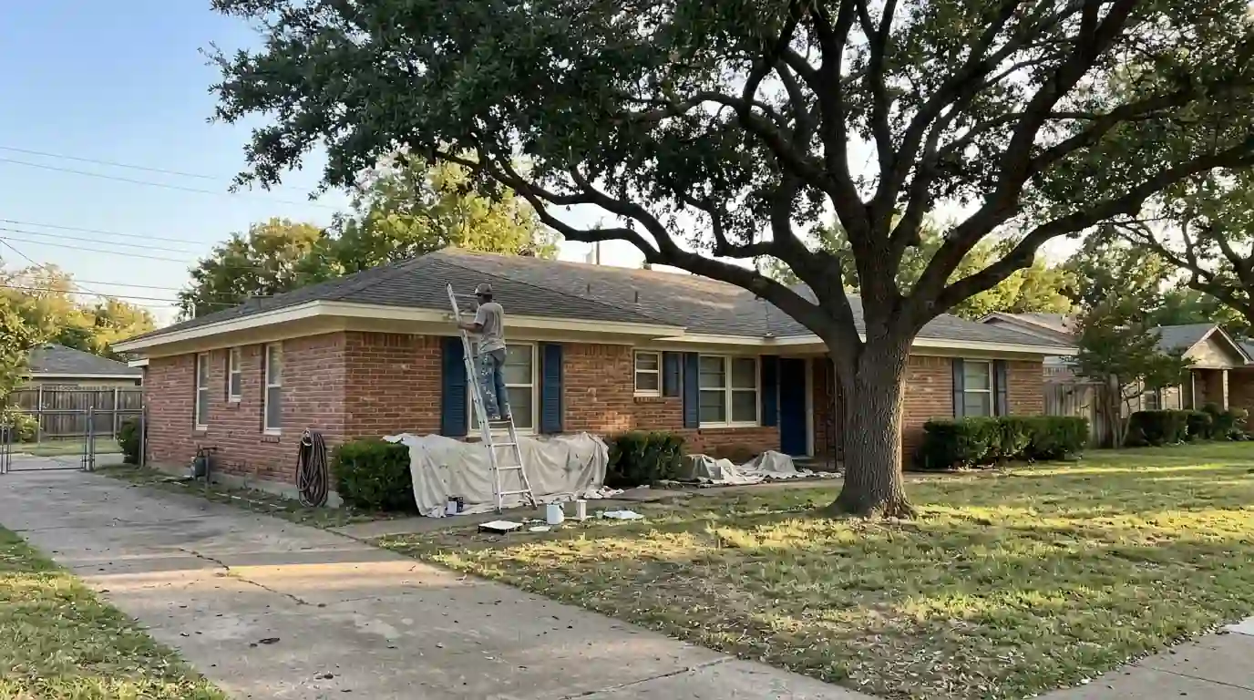 Brick ranch house with freshly painted trim in Fort Worth