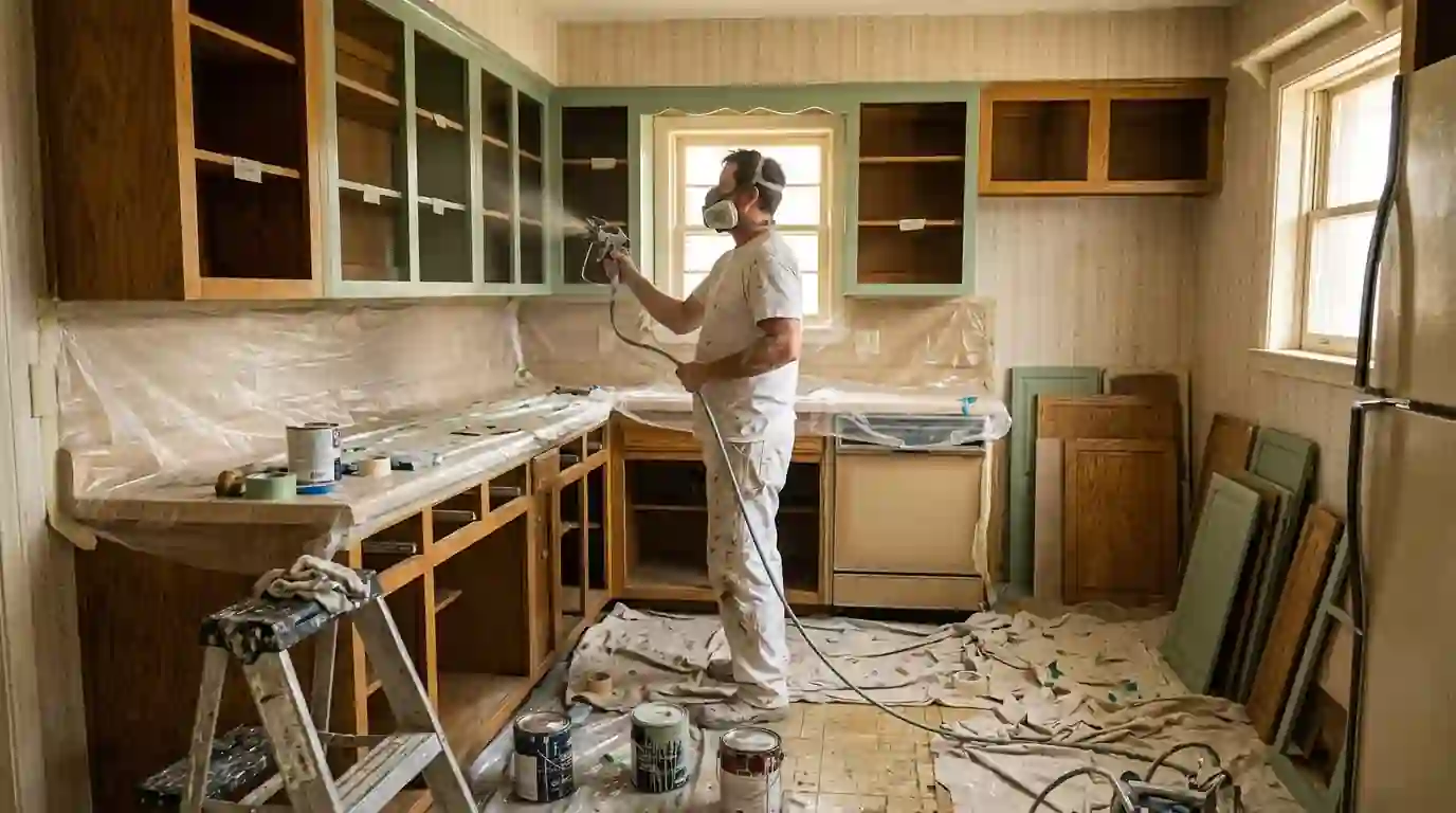 Fort Worth kitchen cabinets partly painted during a cabinet update