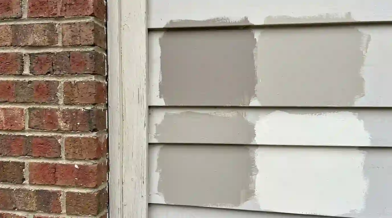 Exterior paint sample patches tested beside brick for HOA review