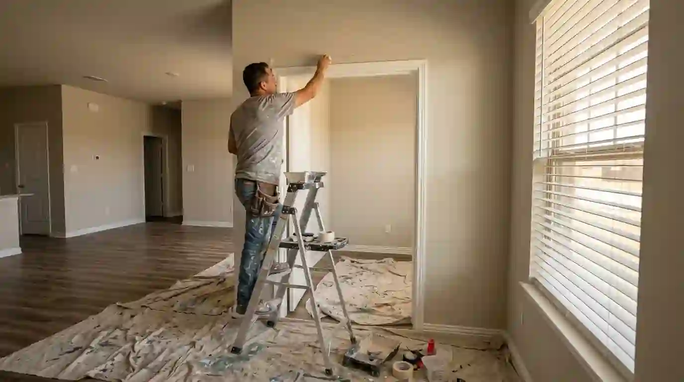 Painter repairing a drywall crack in a Saginaw home