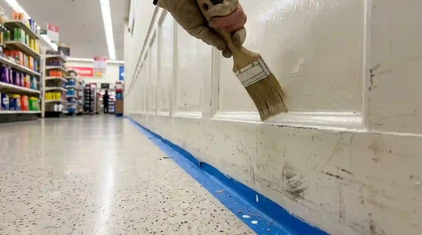 Brush applying semi-gloss enamel to a retail store wainscot