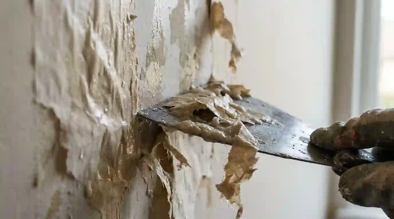 Scraper lifting soaked wallpaper backing from a wall