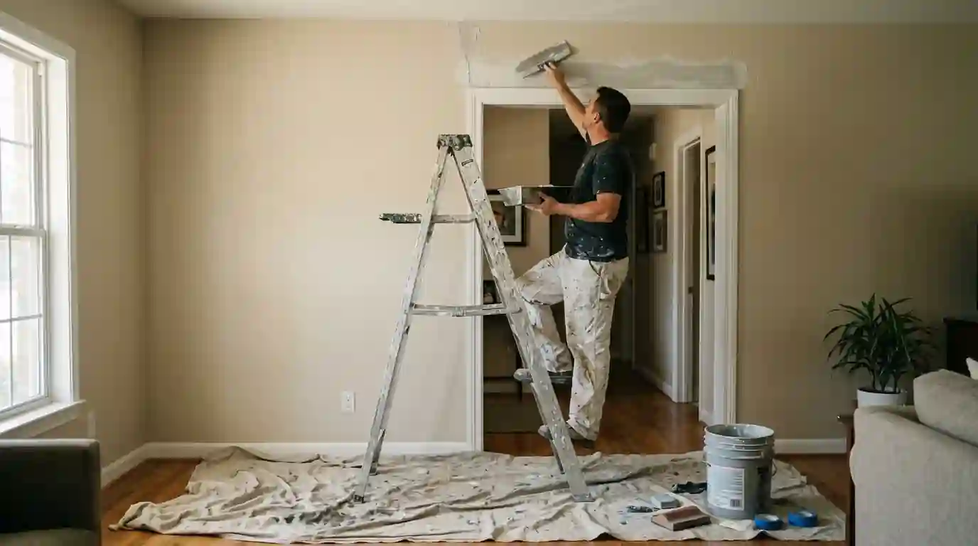 Painter finishing a drywall crack repair above an interior doorway