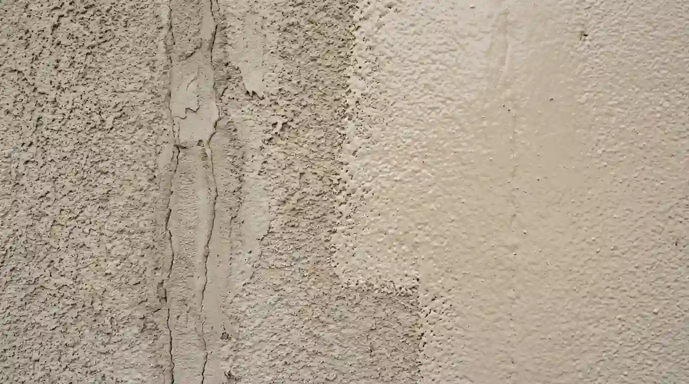 Repaired stucco crack blending under fresh beige paint
