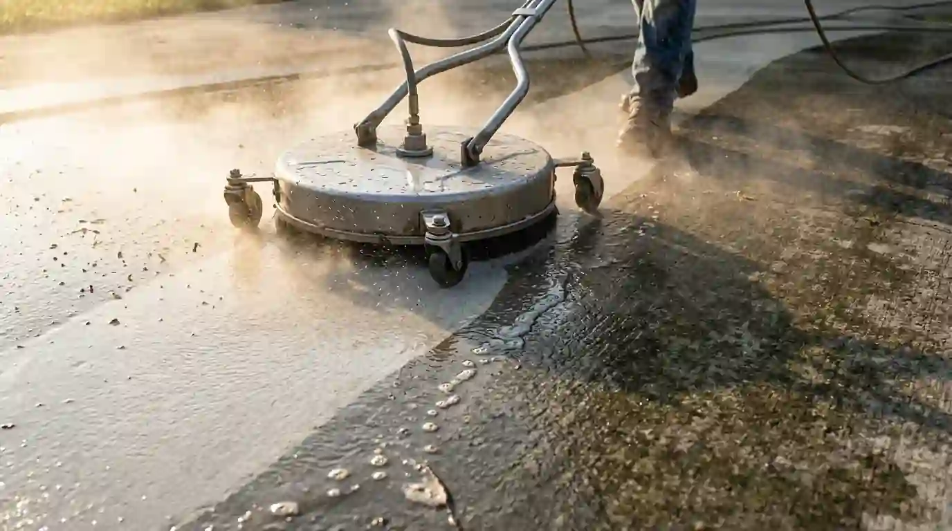 Surface cleaner removing grime from a concrete driveway