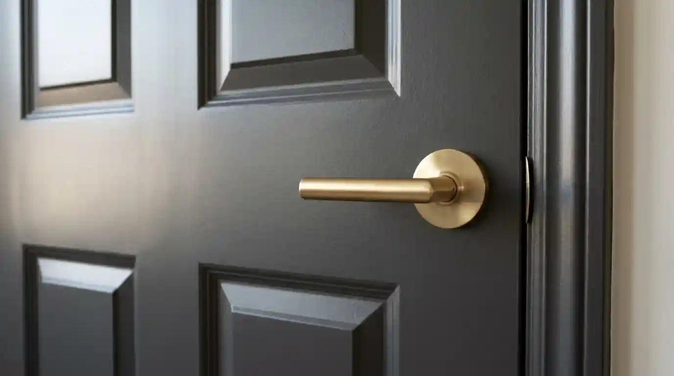Charcoal painted interior door with brass lever handle