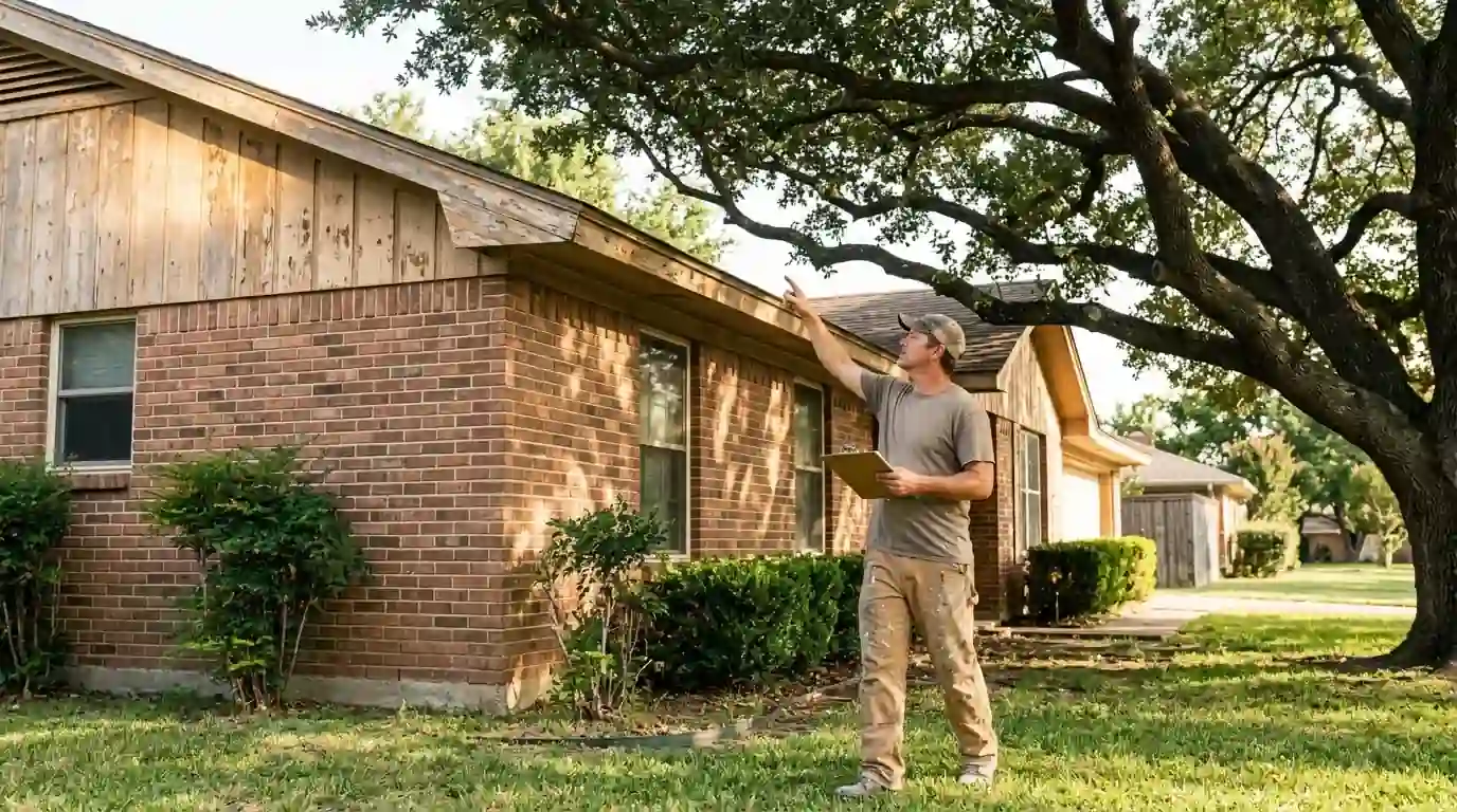 Painter inspecting weathered trim during a walkthrough