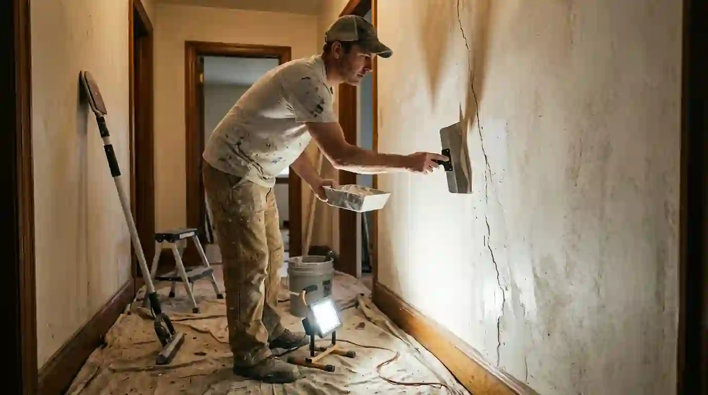 Painter floating a settlement crack in a hallway wall
