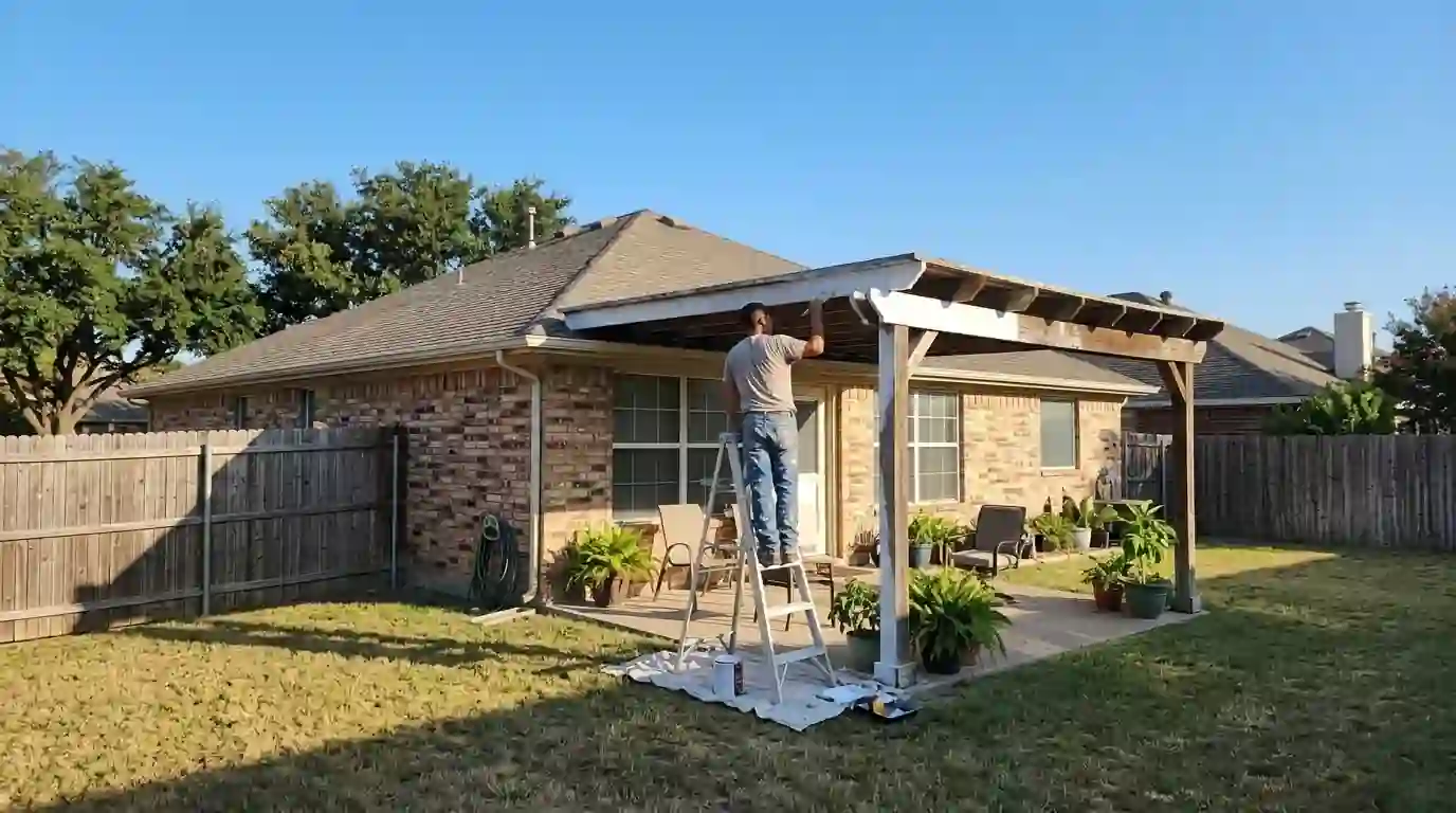 Painter refinishing a wood patio cover behind a Euless home