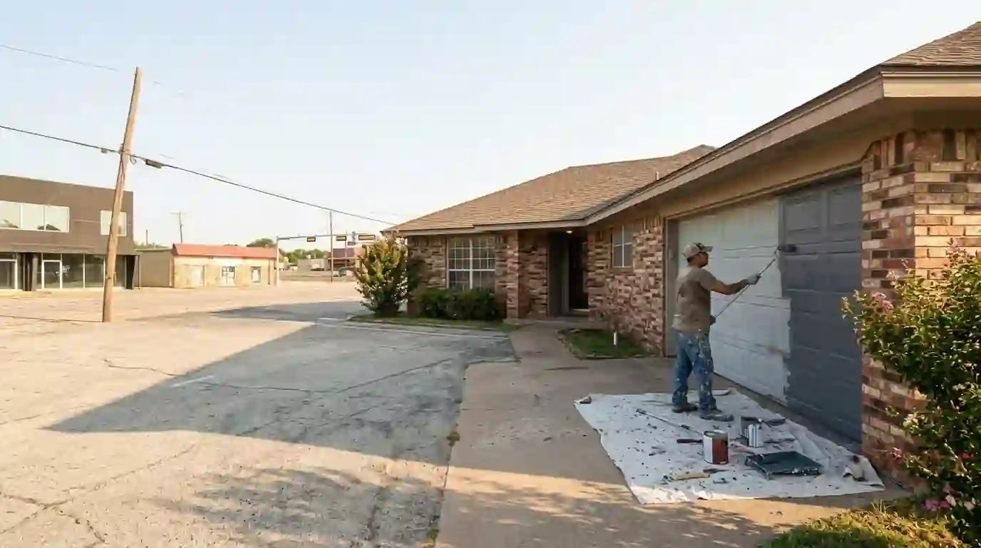Painter refinishing a steel garage door on a Grand Prairie home