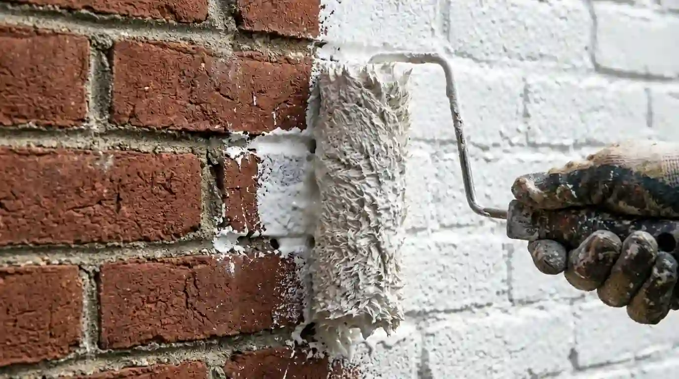 Roller pressing white masonry paint into red brick texture