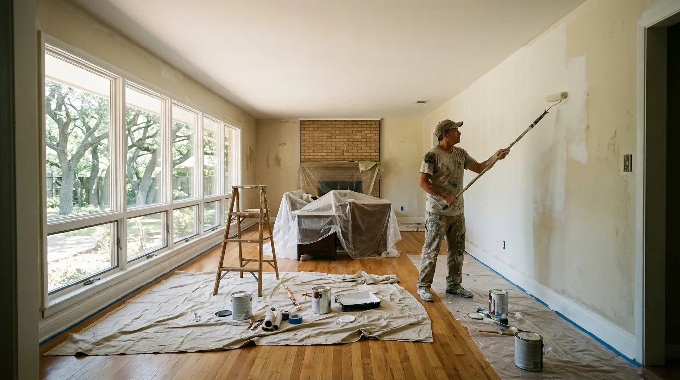 Painter rolling walls inside a Tanglewood ranch home living room