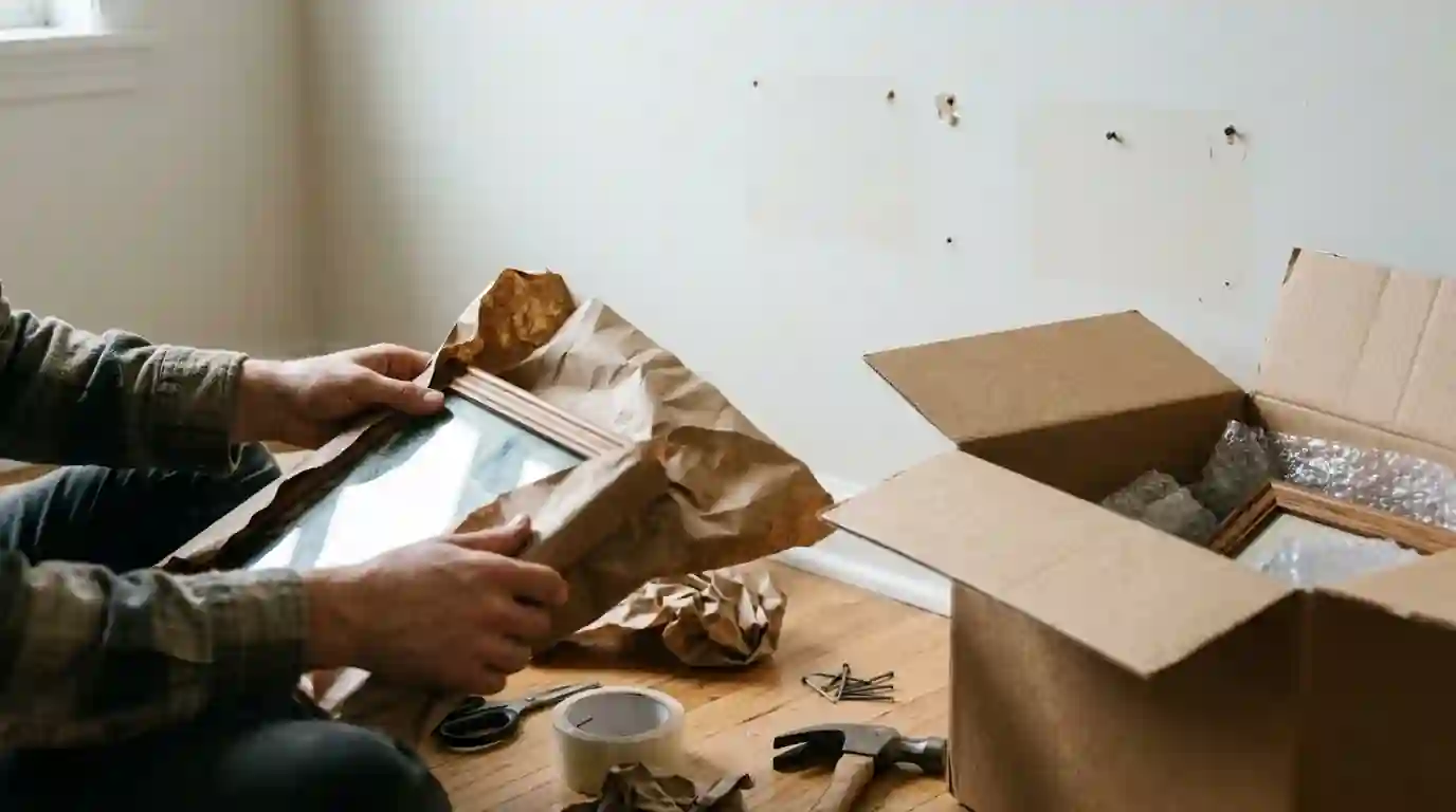 Homeowner packing wall decor before the painting crew arrives