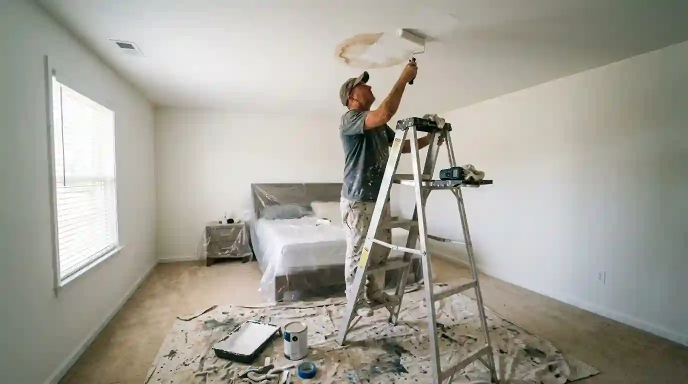 Painter priming a water-stained bedroom ceiling with stain blocker