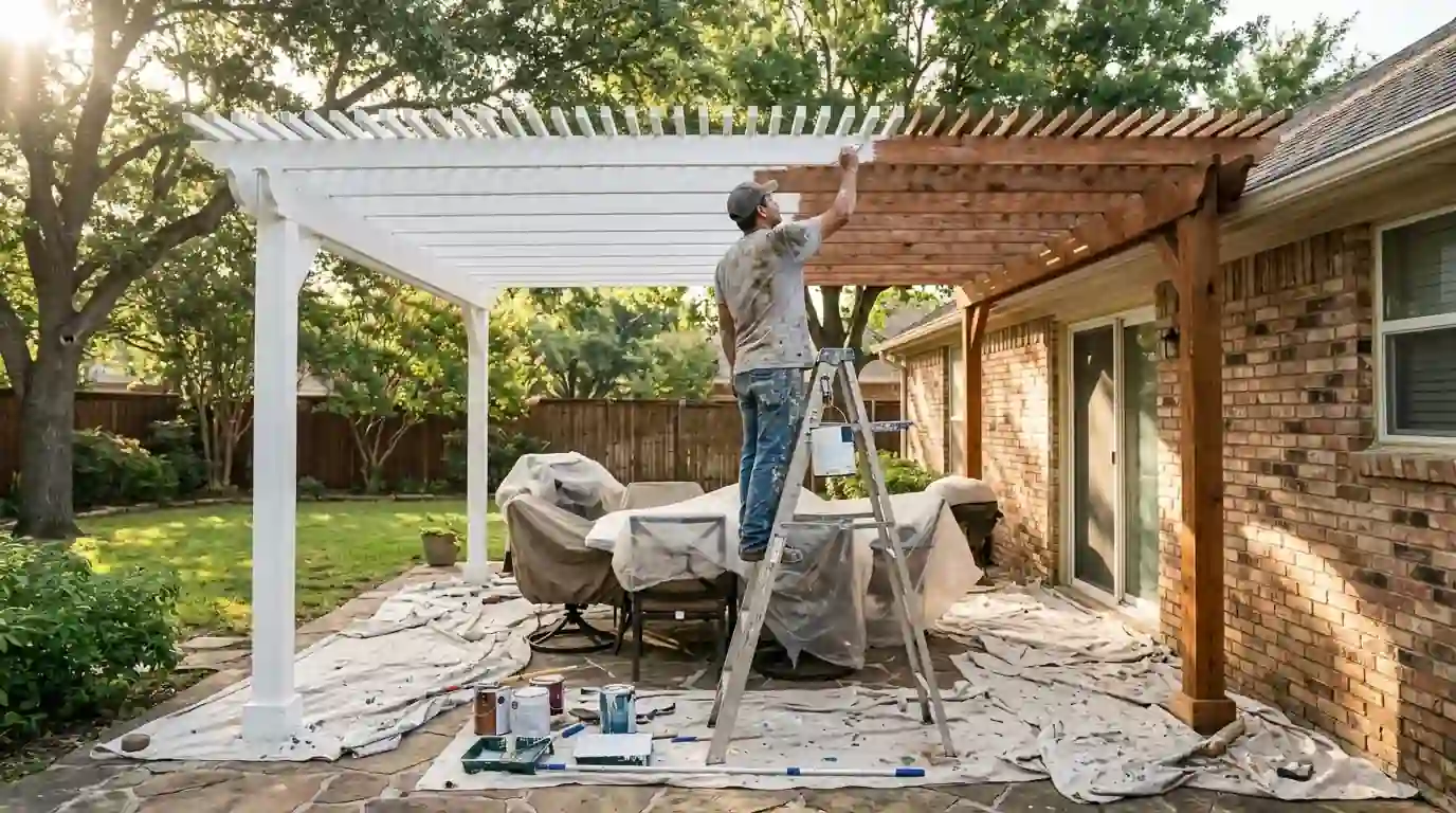 Painter brushing white paint on backyard pergola rafters