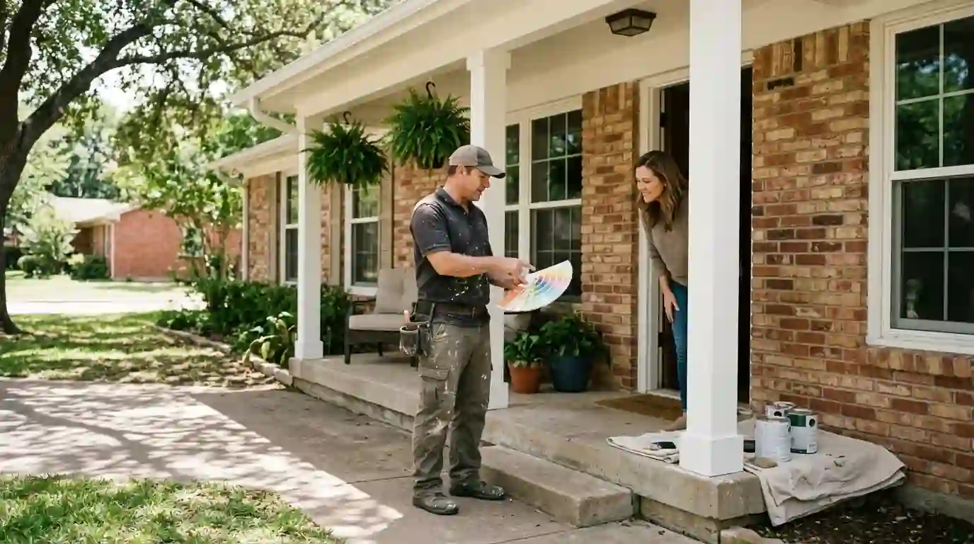 Painter reviewing colors with a homeowner on a front porch