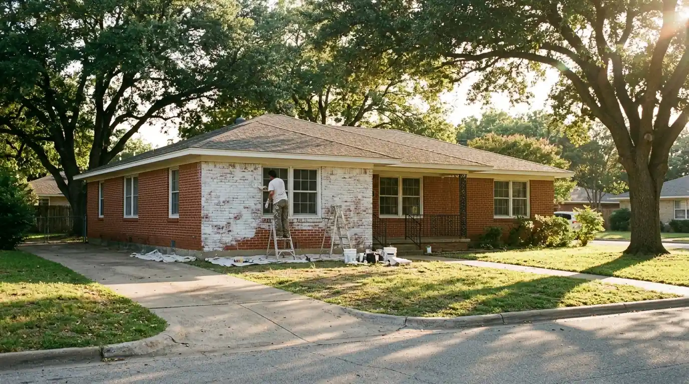 Painter applying limewash to red brick on a Westcliff ranch