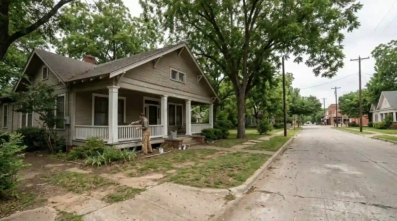 Painter restoring porch railings on an older Grapevine bungalow