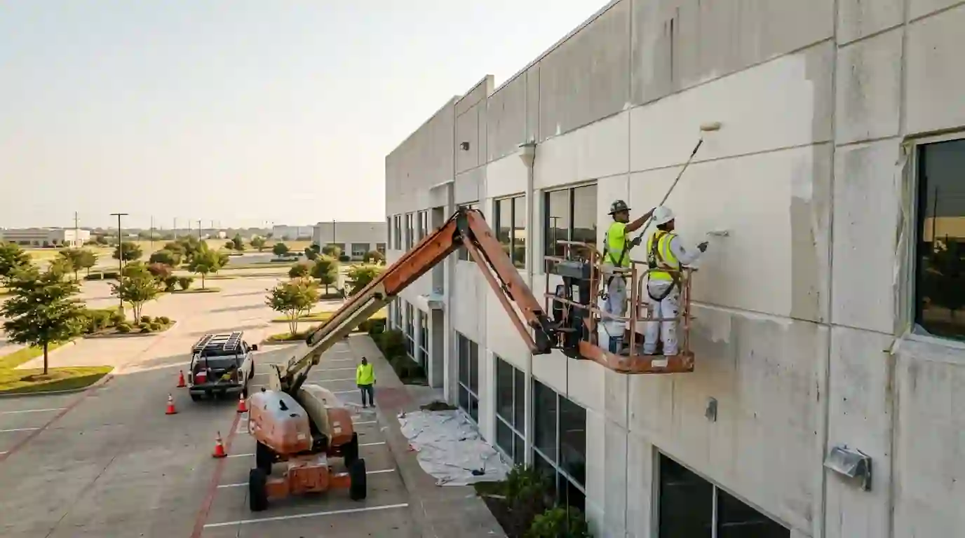 Painters coating a tilt-wall office building exterior