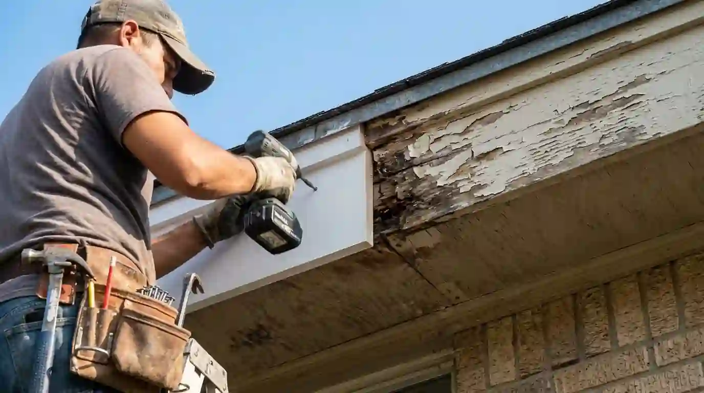 Painter replacing a rotted fascia board before painting