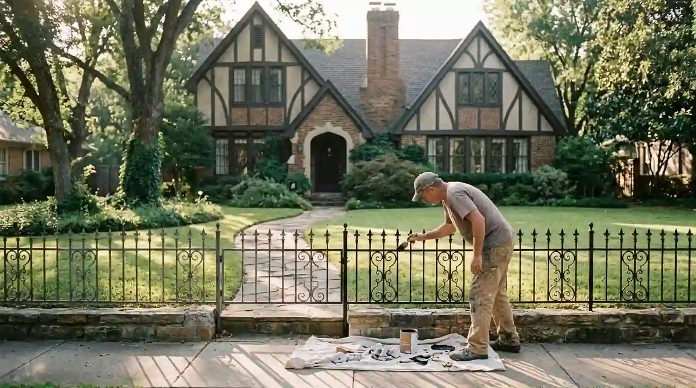 Painter brushing black enamel on an ornate wrought iron fence