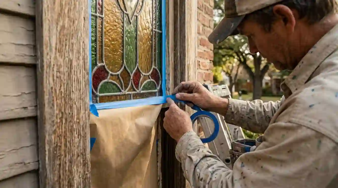 Painter masking a window before spraying trim