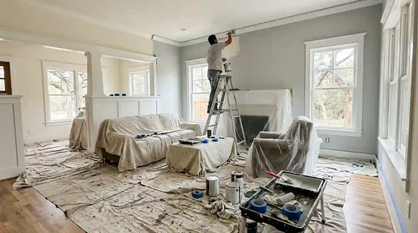 Painter cutting in a living room wall along crown molding