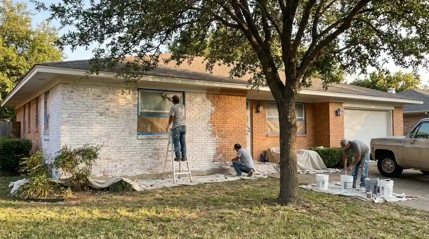 Crew applying white limewash to orange brick ranch home
