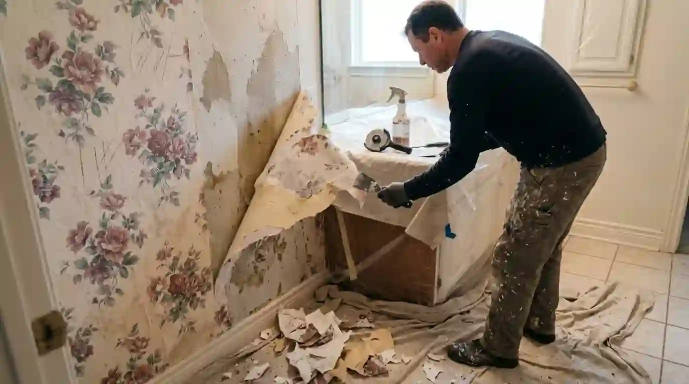 Painter stripping old floral wallpaper from a bathroom wall