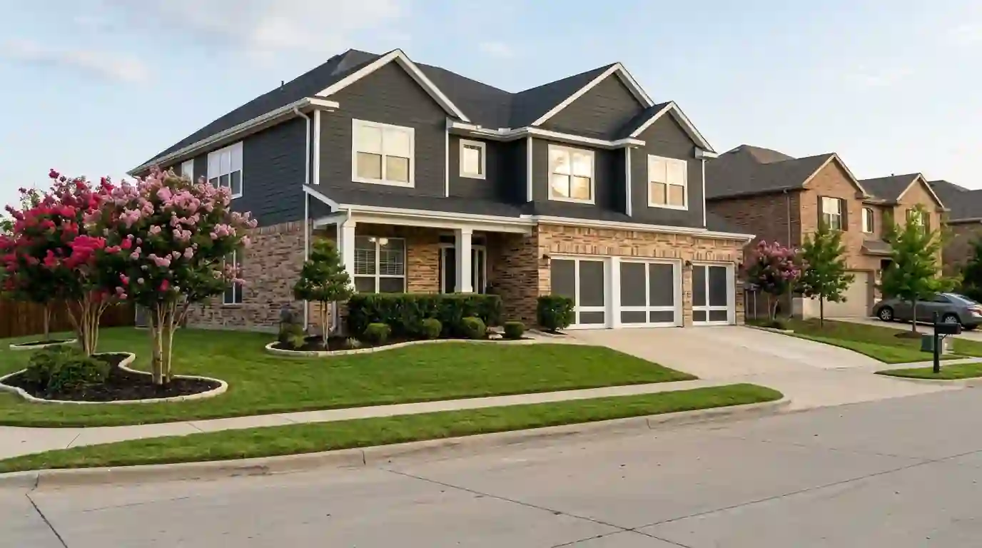 Two-story home with charcoal siding and white trim