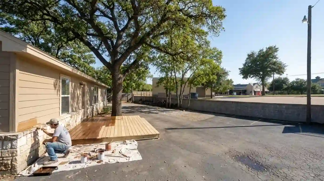 Painter repainting shaded lap siding on a Colleyville ranch home