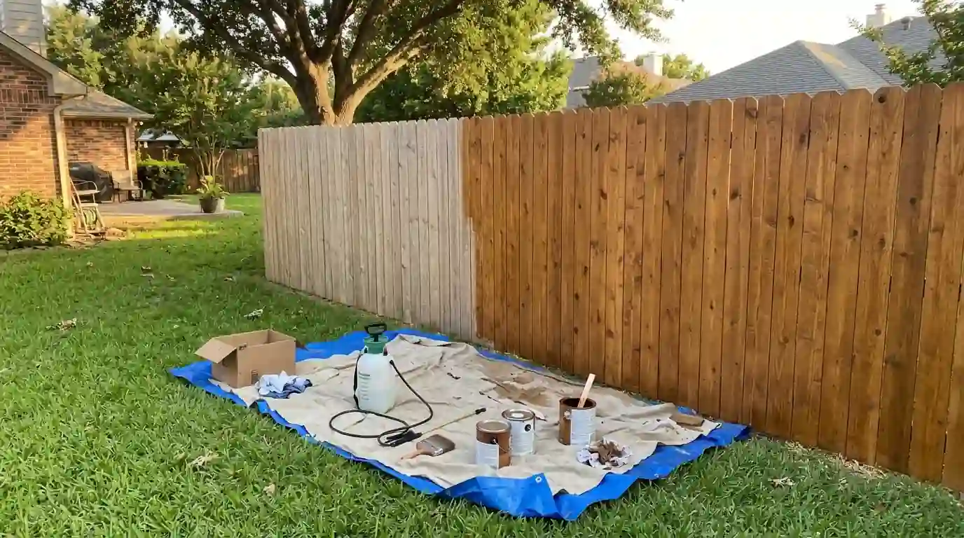 Cedar privacy fence halfway through staining