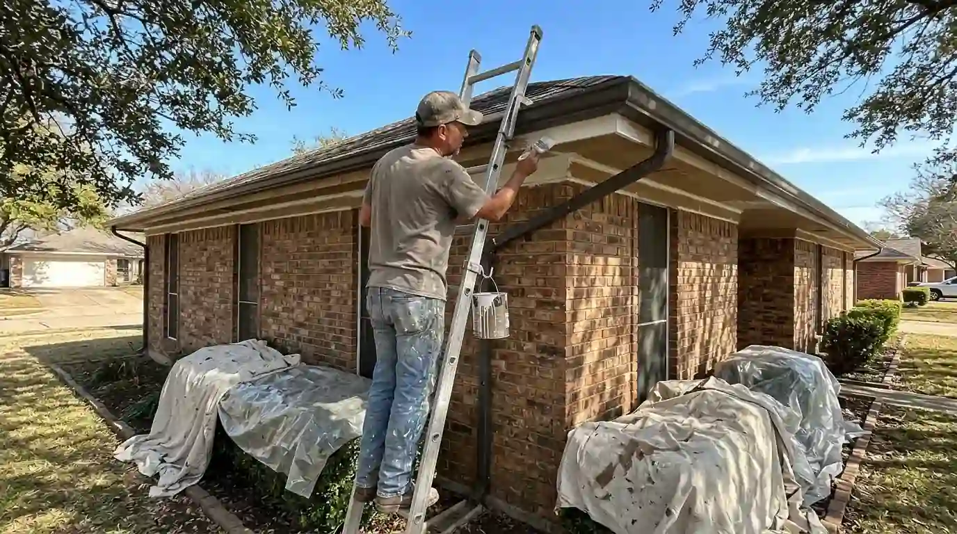 Painter brushing white fascia paint under the gutter of a brick home