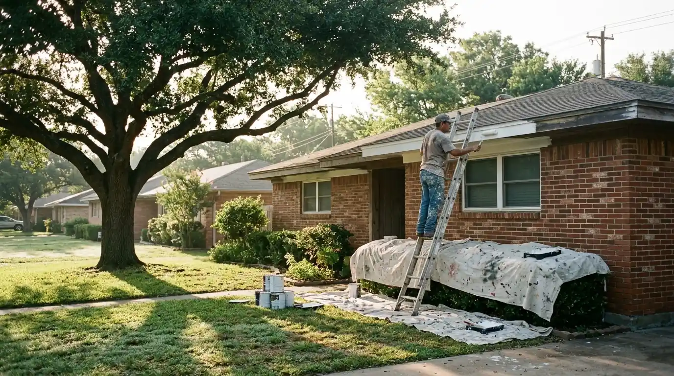 Painter refreshing fascia trim on a Tarrant County brick ranch