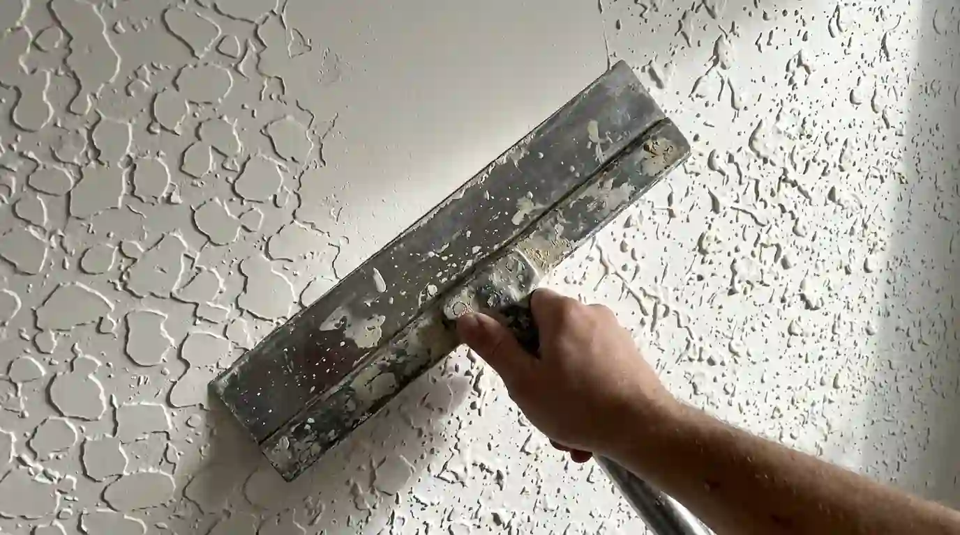 Knockdown texture being flattened with a wide drywall knife