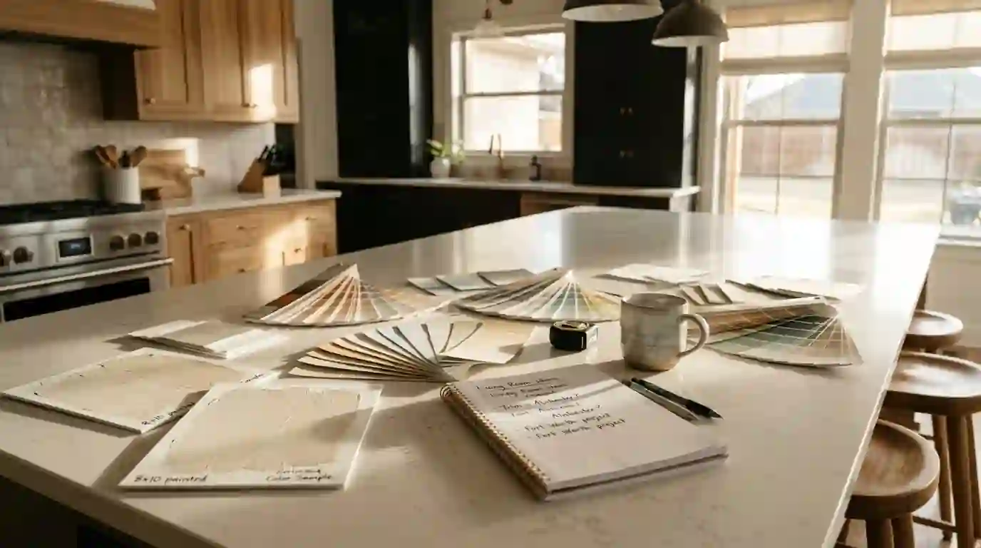 Paint swatches and sample boards on a kitchen island
