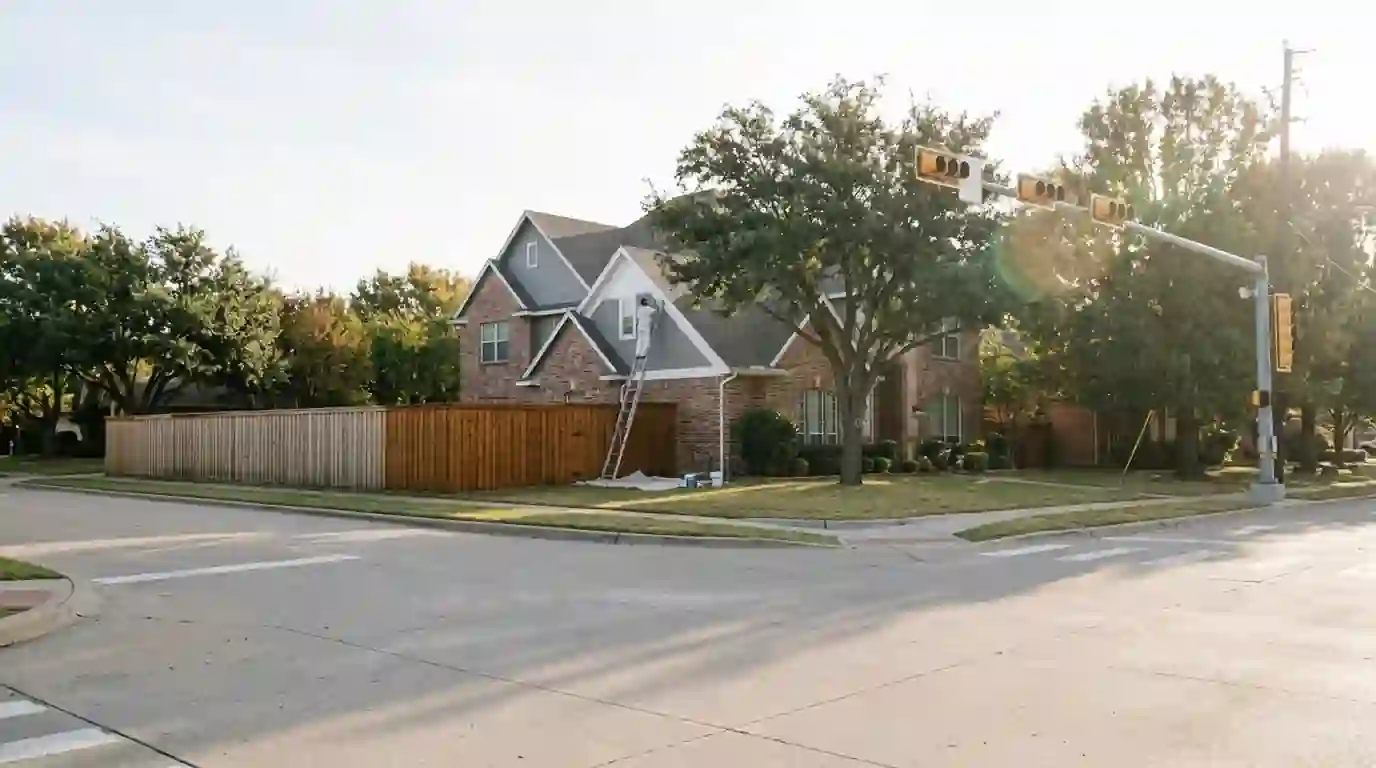 Painter refreshing trim on a Keller brick home beside a stained fence