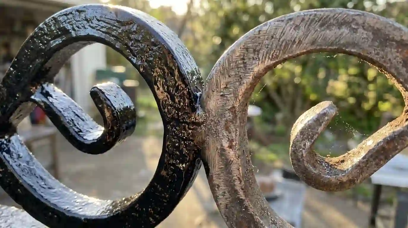 Wrought iron scroll half cleaned and half painted black