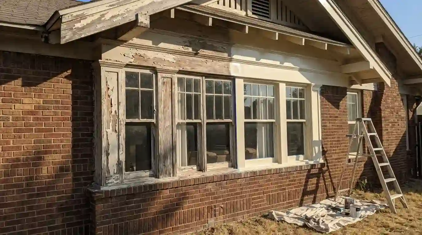 Faded west-facing trim beside freshly repainted trim