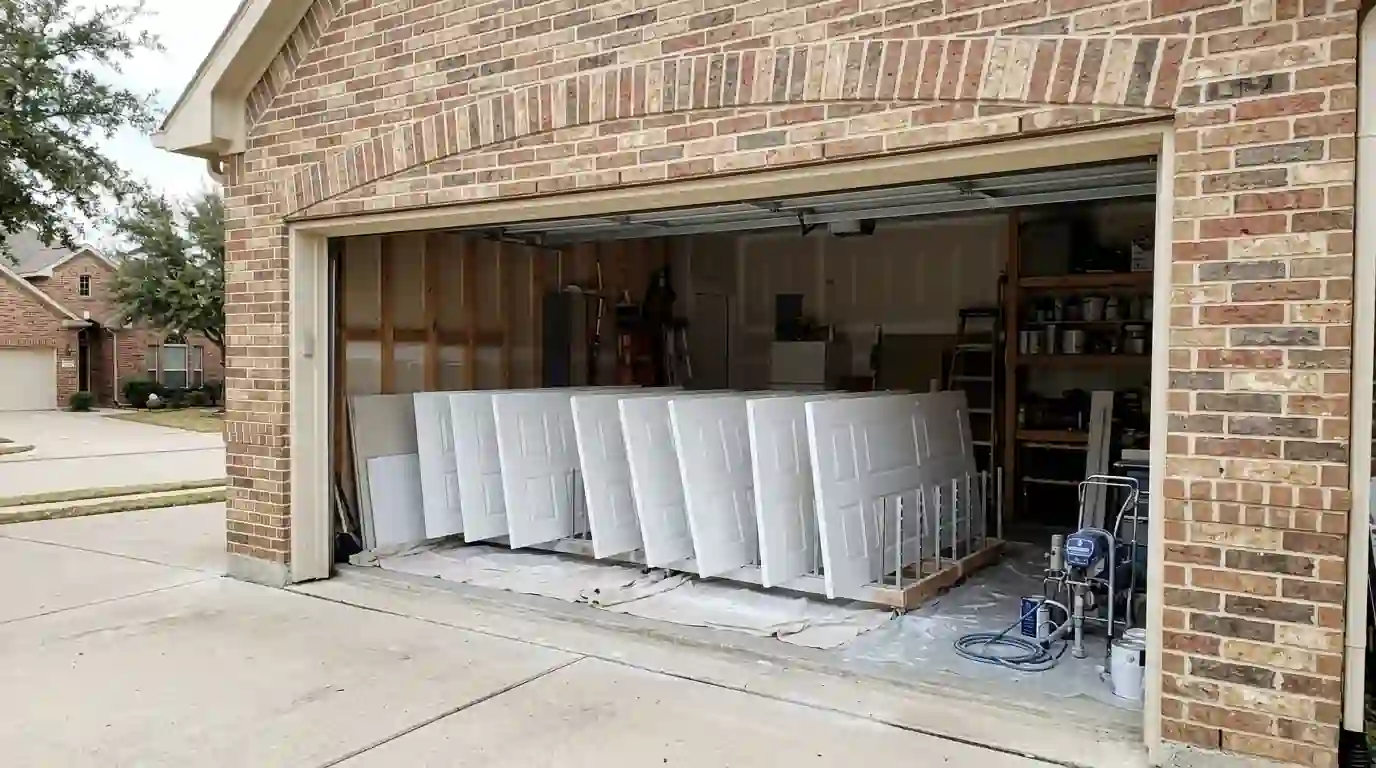 Freshly sprayed white six-panel doors drying in a Fort Worth garage