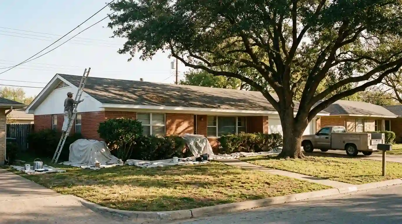 Painter refreshing fascia trim on a Fort Worth brick ranch home